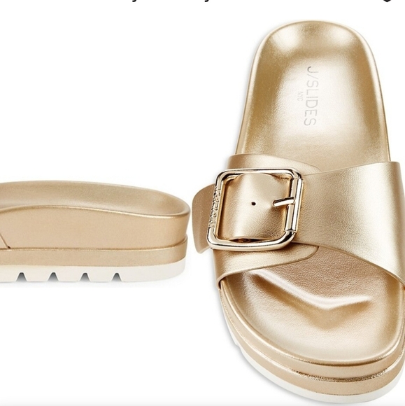 J/SLIDES Rosey 40MM Metallic Chunky Platform Sandals In Gold. Size 7.5 - Picture 1 of 16